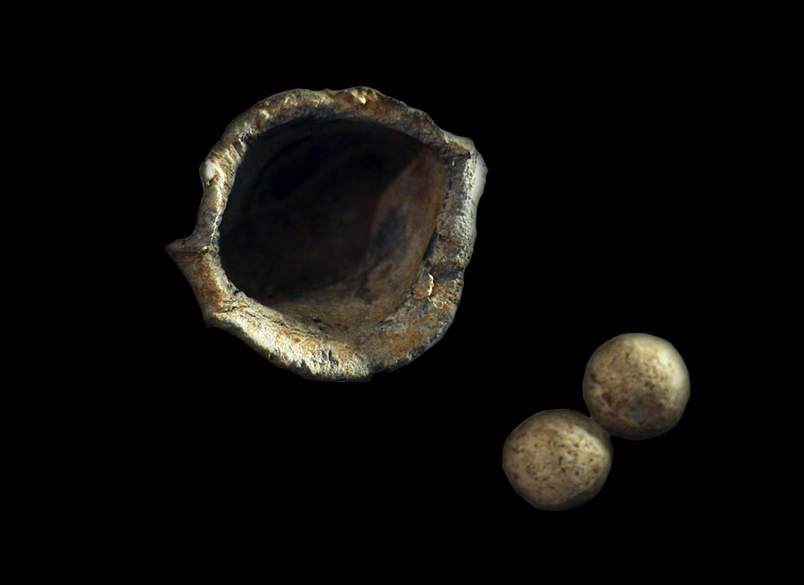 Powder Flask and Musket Balls, Lead 18th Century